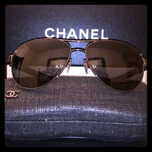 Brand New CHANEL Black on Silver frame Aviators